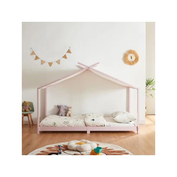 Lit Enfant Lit Cabane 90 x 200 cm Lit Montessori Rose et Blanc