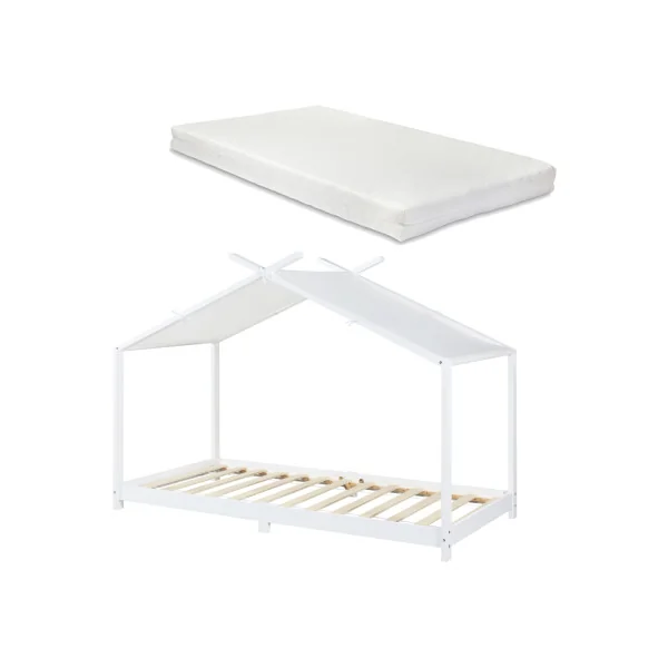 Lit Enfant Lit Cabane avec Matelas 90 x 200 cm Lit Montessori Blanc