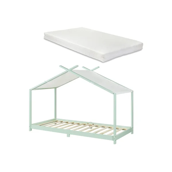 Lit Enfant Lit Cabane avec Matelas 90 x 200 cm Lit Montessori Vert et Blanc