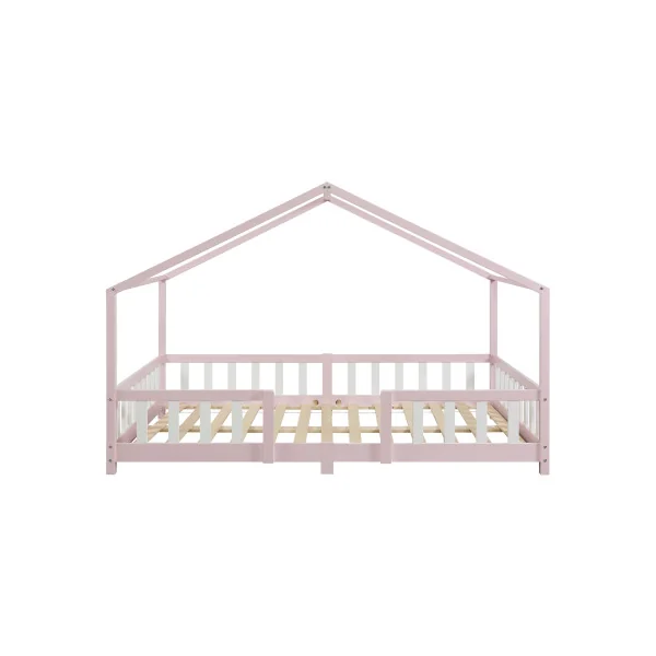Lit Enfant Lit Maison avec Barrière 120 x 200 cm Lit Montessori Rose et Blanc