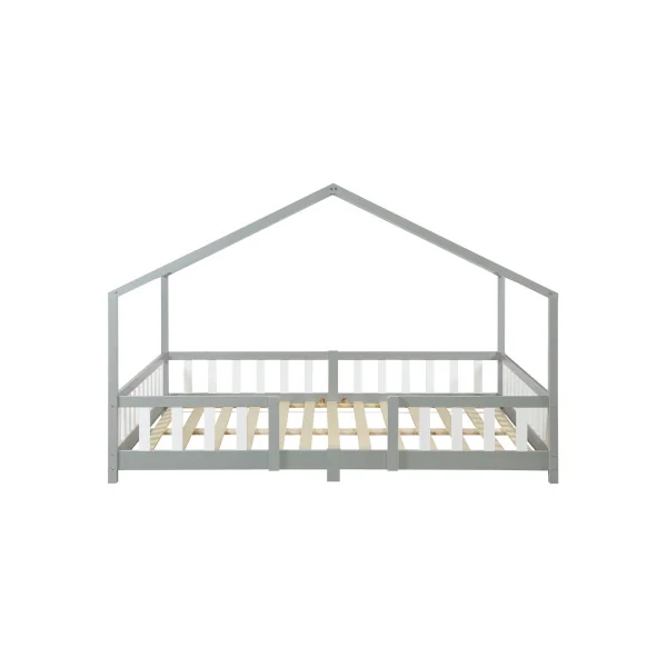 Lit Enfant Lit Maison avec Barrière 140 x 200 cm Lit Montessori Gris et Blanc