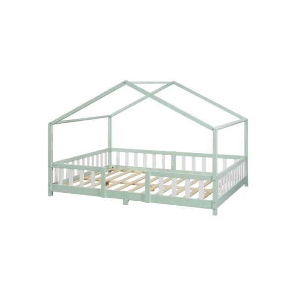 Lit Enfant Lit Maison avec Barrière 140 x 200 cm Lit Montessori Vert et Blanc