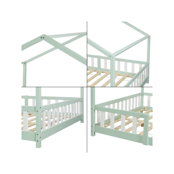 Lit Enfant Lit Maison avec Barrière 140 x 200 cm Lit Montessori Vert et Blanc