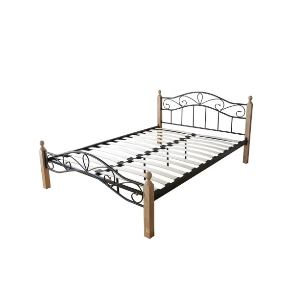 Lit Métal Lit Métallique Pied Bois 160x200 cm Cadre Lit avec Sommier Lit Adulte