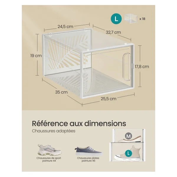 Lot 18 boîtes à Chaussures Transparent et Blanc Boîte de Rangement Robuste