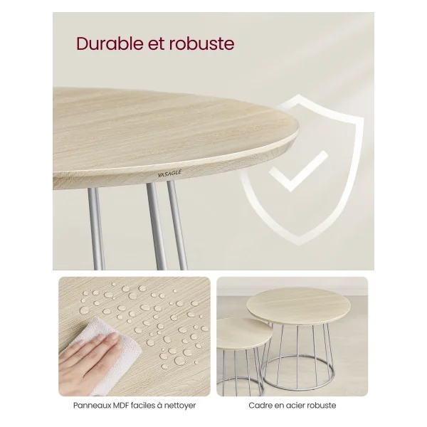 Lot 2 Tables Basses Ronde Acier Beige Ardoise Table de Salon Moderne