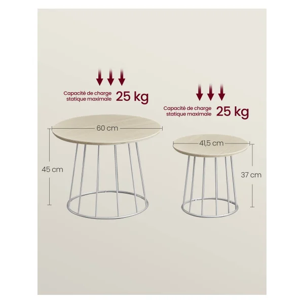 Lot 2 Tables Basses Ronde Acier Beige Ardoise Table de Salon Moderne