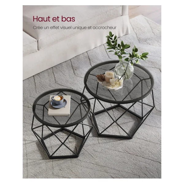 Lot 2 Tables Basses Ronde Gris Ardoise Table de Salon Plateau Amovible