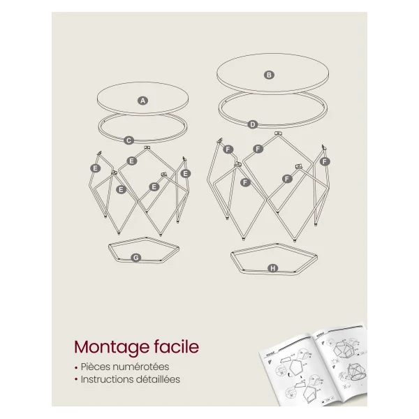 Lot 2 Tables Basses Ronde Gris Ardoise Table de Salon Plateau Amovible