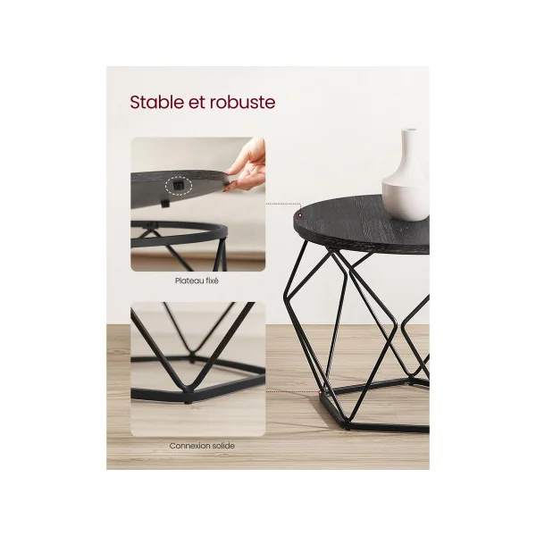 Lot 2 Tables Basses Ronde Noir Ardoise Table de Salon Plateau Amovible