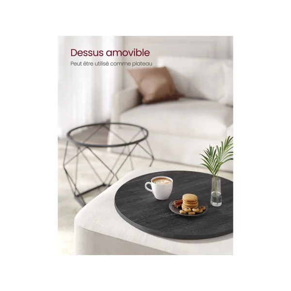 Lot 2 Tables Basses Ronde Noir Ardoise Table de Salon Plateau Amovible
