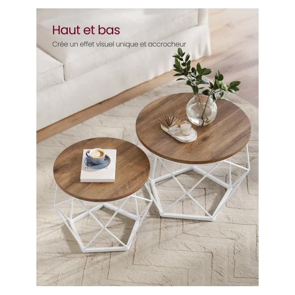 Lot 2 Tables Basses Rondes Métal Blanc Plateau Amovible Marron Veine du Bois
