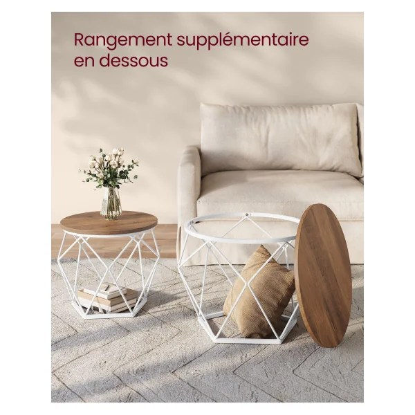 Lot 2 Tables Basses Rondes Métal Blanc Plateau Amovible Marron Veine du Bois