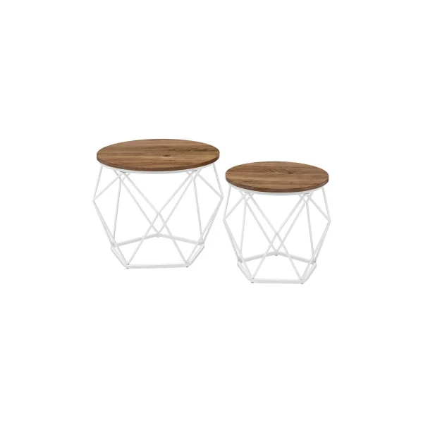 Lot 2 Tables Basses Rondes Métal Blanc Plateau Amovible Marron Veine du Bois