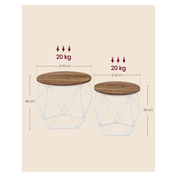 Lot 2 Tables Basses Rondes Métal Blanc Plateau Amovible Marron Veine du Bois