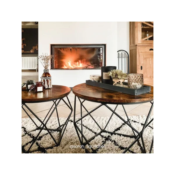 Lot 2 Tables d'appoint Tables Basses Rondes Plateau Amovible Marron Rustique Noir