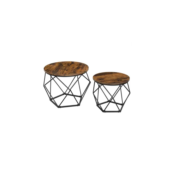 Lot 2 Tables d'appoint Tables Basses Rondes Plateau Amovible Marron Rustique Noir
