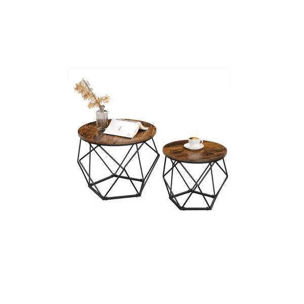 Lot 2 Tables d'appoint Tables Basses Rondes Plateau Amovible Marron Rustique Noir