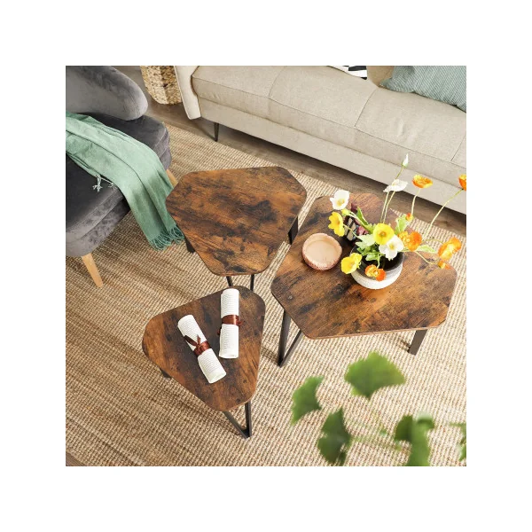 Lot 3 Tables Gigognes Industriel Table Basse de Salon Marron Rustique Noir