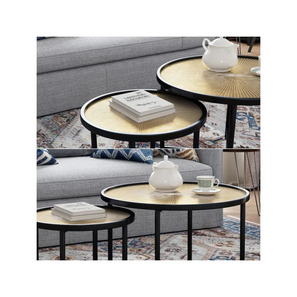 (Lot de 2) Table Basse Ronde Noir et Bois Table de Salon Industrielle Table Gigogne