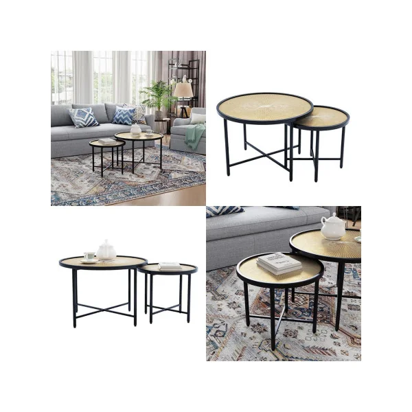 (Lot de 2) Table Basse Ronde Noir et Bois Table de Salon Industrielle Table Gigogne