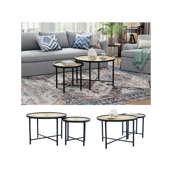 (Lot de 2) Table Basse Ronde Noir et Bois Table de Salon Industrielle Table Gigogne