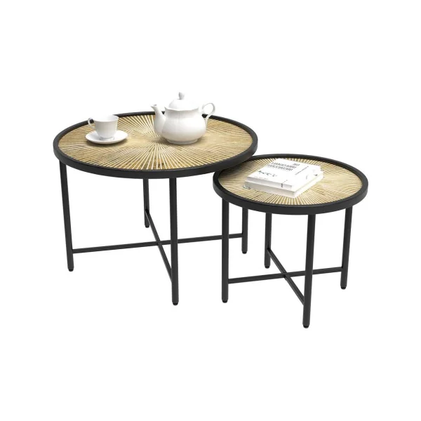 (Lot de 2) Table Basse Ronde Noir et Bois Table de Salon Industrielle Table Gigogne