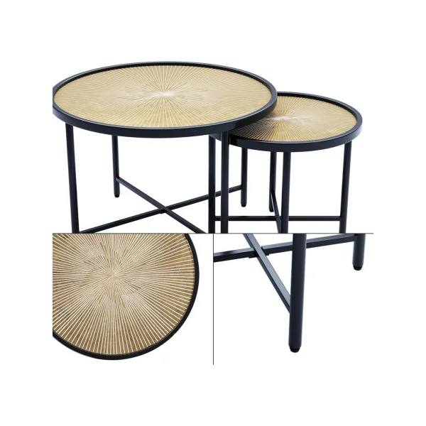 (Lot de 2) Table Basse Ronde Noir et Bois Table de Salon Industrielle Table Gigogne