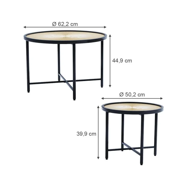 (Lot de 2) Table Basse Ronde Noir et Bois Table de Salon Industrielle Table Gigogne