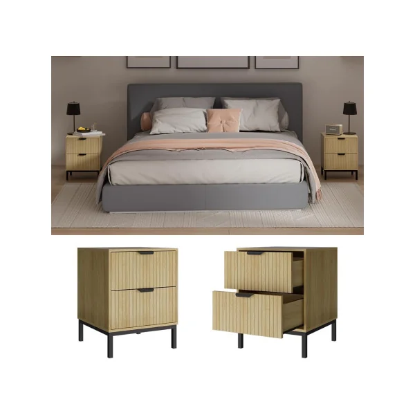 (Lot de 2) Table Chevet Chêne Graphique et Métal Noir 2 Tiroirs Table de Nuit Moderne Chambre