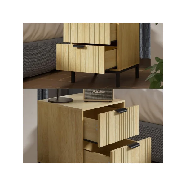 (Lot de 2) Table Chevet Chêne Graphique et Métal Noir 2 Tiroirs Table de Nuit Moderne Chambre