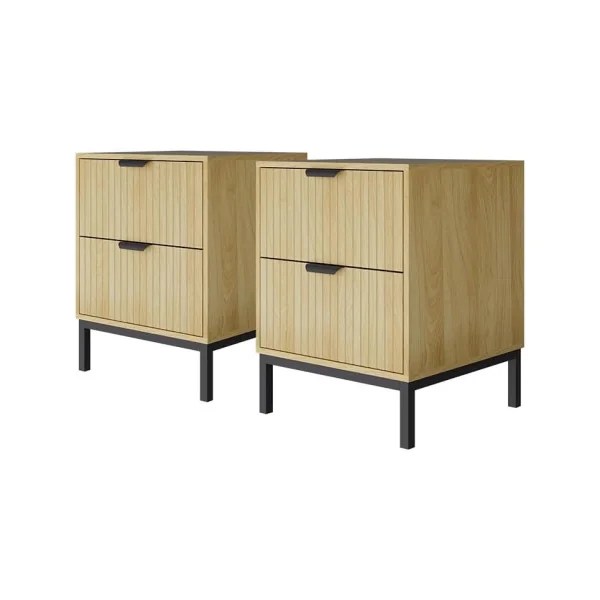 (Lot de 2) Table Chevet Chêne Graphique et Métal Noir 2 Tiroirs Table de Nuit Moderne Chambre