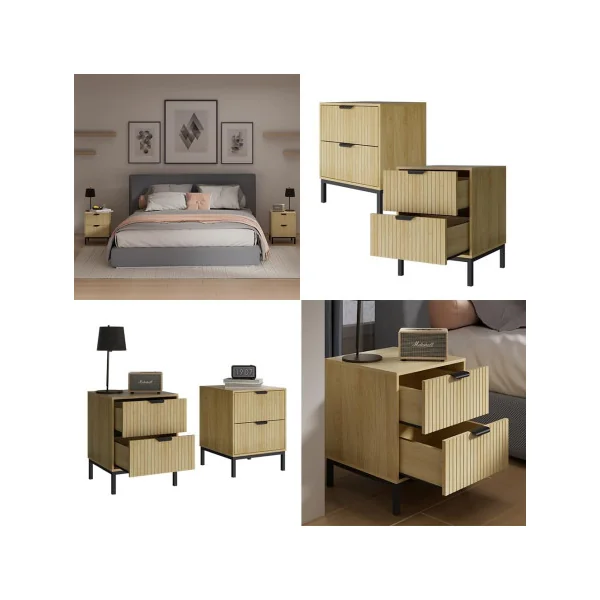 (Lot de 2) Table Chevet Chêne Graphique et Métal Noir 2 Tiroirs Table de Nuit Moderne Chambre