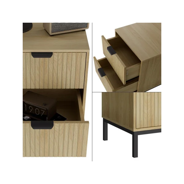 (Lot de 2) Table Chevet Chêne Graphique et Métal Noir 2 Tiroirs Table de Nuit Moderne Chambre