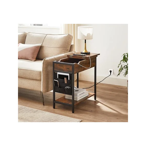 (Lot de 2) Table d’Appoint Salon Table de Chevet Industrielle avec 2 Prises et 2 Ports USB Marron Rustique Noir