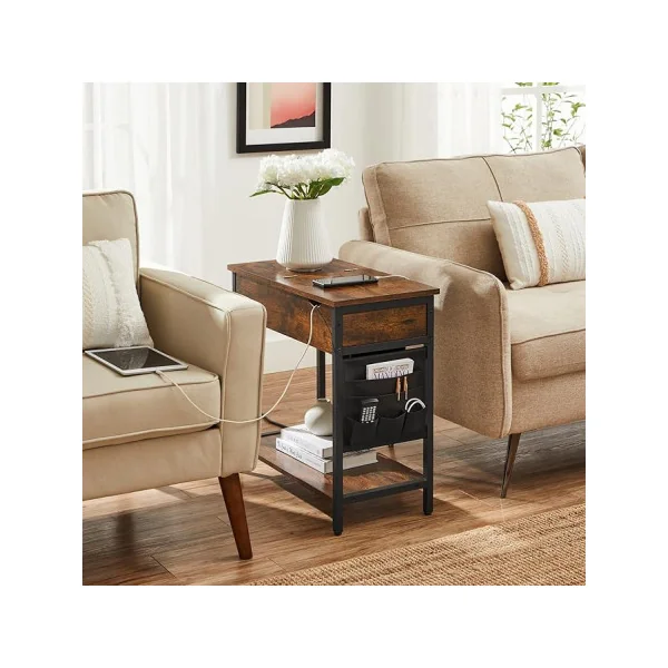 (Lot de 2) Table d’Appoint Salon Table de Chevet Industrielle avec 2 Prises et 2 Ports USB Marron Rustique Noir