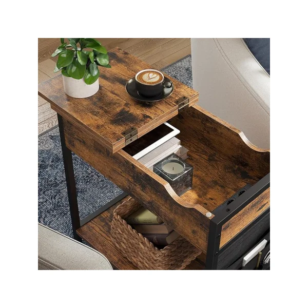 (Lot de 2) Table d’Appoint Salon Table de Chevet Industrielle avec 2 Prises et 2 Ports USB Marron Rustique Noir