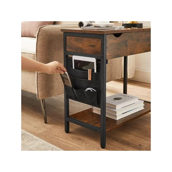 (Lot de 2) Table d’Appoint Salon Table de Chevet Industrielle avec 2 Prises et 2 Ports USB Marron Rustique Noir