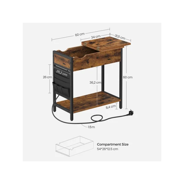 (Lot de 2) Table d’Appoint Salon Table de Chevet Industrielle avec 2 Prises et 2 Ports USB Marron Rustique Noir