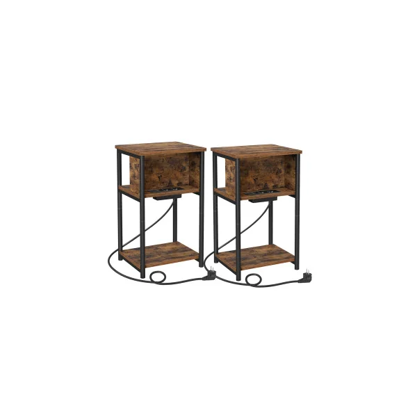(Lot de 2) Table d'Appoint Table de Chevet Marron Rustique Noir avec Multiprise
