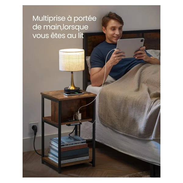 (Lot de 2) Table d'Appoint Table de Chevet Marron Rustique Noir avec Multiprise