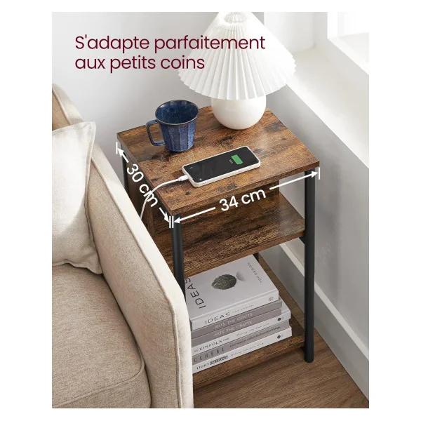 (Lot de 2) Table d'Appoint Table de Chevet Marron Rustique Noir avec Multiprise