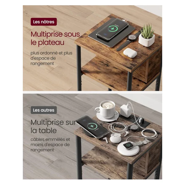 (Lot de 2) Table d'Appoint Table de Chevet Marron Rustique Noir avec Multiprise