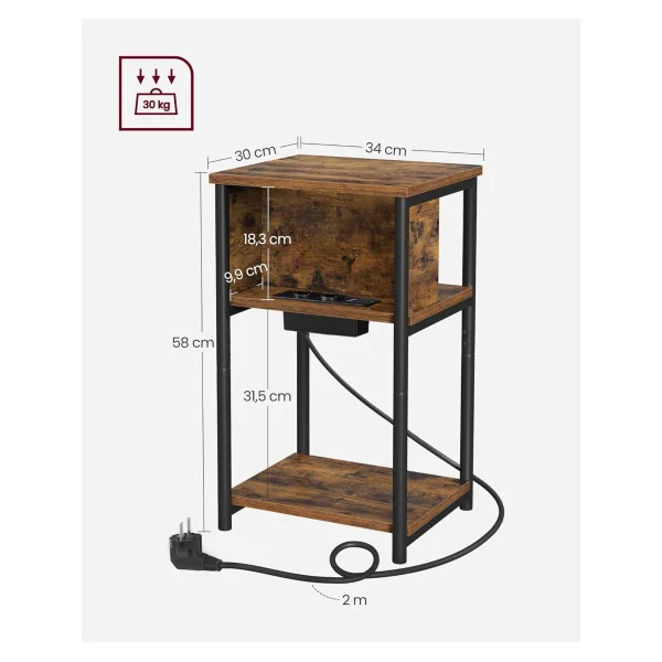(Lot de 2) Table d'Appoint Table de Chevet Marron Rustique Noir avec Multiprise