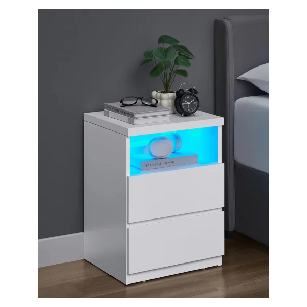 (Lot de 2) Table de Chevet Blanche 2 Tiroirs avec Eclairage LED Table de Nuit pour Chambre