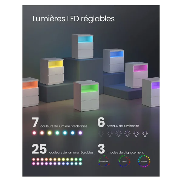 (Lot de 2) Table de Chevet Blanche 2 Tiroirs avec Eclairage LED Table de Nuit pour Chambre