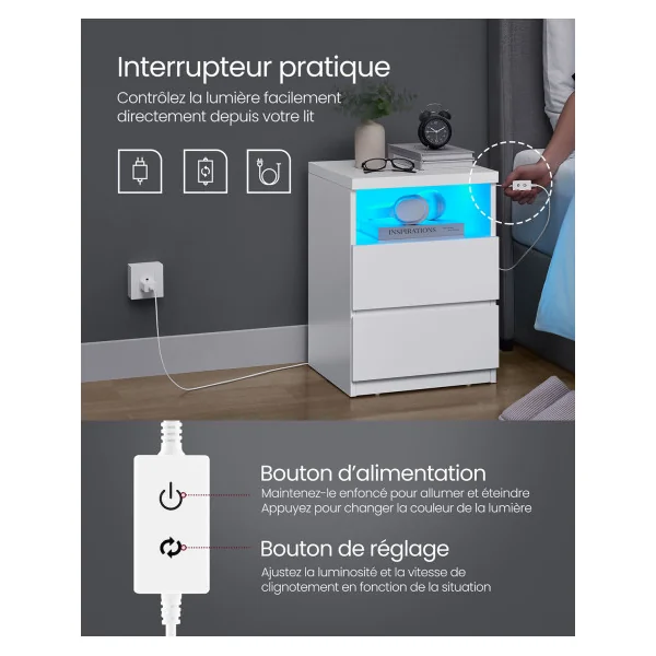 (Lot de 2) Table de Chevet Blanche 2 Tiroirs avec Eclairage LED Table de Nuit pour Chambre