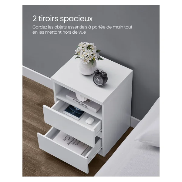 (Lot de 2) Table de Chevet Blanche 2 Tiroirs avec Eclairage LED Table de Nuit pour Chambre