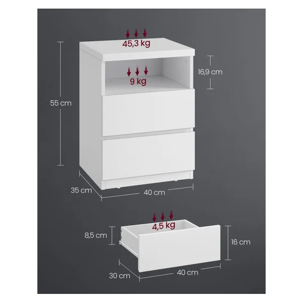 (Lot de 2) Table de Chevet Blanche 2 Tiroirs avec Eclairage LED Table de Nuit pour Chambre