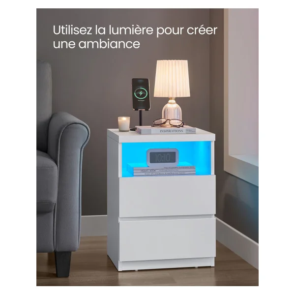(Lot de 2) Table de Chevet Blanche 2 Tiroirs avec Eclairage LED Table de Nuit pour Chambre